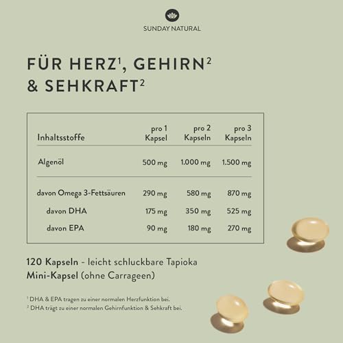 SUNDAY NATURAL® Omega 3 Vegan - 120 Softgel Kapseln - 1.000 mg Algenöl pro Tagesdosis: 350 mg DHA und 180 mg EPA - Leicht schluckbare Omega 3 Kapseln hochdosiert - Laborgeprüft - Bild 5