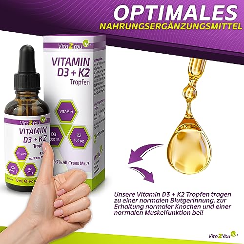 Vita2You Vitamin D3 + K2 Tropfen - Vitamin D3 5000 IE - Vitamin K2 100µg pro Tropfen - K2VITAL - MK-7-99,7% All-Trans - MCT-Öl - Premium Qualität - Made in Germany - Bild 5