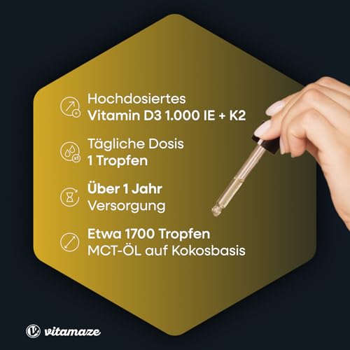 Vitamin D3 + K2 Tropfen hochdosiert, 50ml (1+ Jahre), 1000 IE Vitamin D3 + K2 flüssig, mehr als 99,7% All-Trans K2 MK-7, laborgeprüft und ohne unnötige Zusatzstoffe, Made in Germany - Bild 4