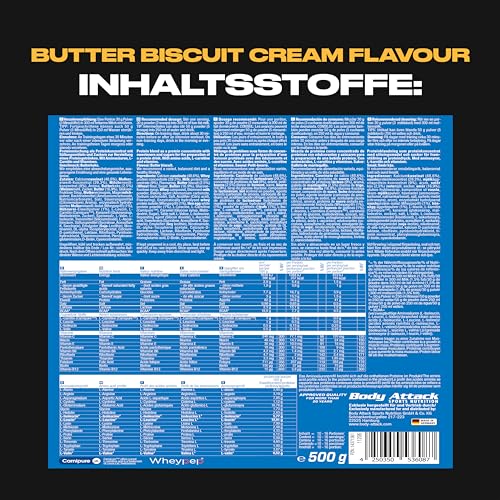 Body Attack Power Protein 90 - Butter Biscuit- 500g - Mehrkomponenten Protein Pulver, Made in Germany - Mit BCAA, Vitaminen & L-Carnitin - Protein Shake extra cremiger Geschmack - Bild 5