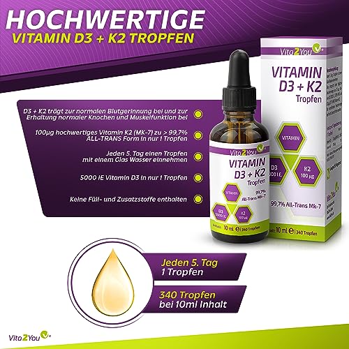 Vita2You Vitamin D3 + K2 Tropfen - Vitamin D3 5000 IE - Vitamin K2 100µg pro Tropfen - K2VITAL - MK-7-99,7% All-Trans - MCT-Öl - Premium Qualität - Made in Germany - Bild 4