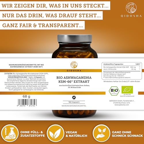 QIDOSHA® Bio Ashwagandha KSM-66® Extrakt, 180 Kapseln, 5% Withanolide, 600mg je Tagesportion - Bild 5
