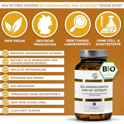 QIDOSHA® Bio Ashwagandha KSM-66® Extrakt, 180 Kapseln, 5% Withanolide, 600mg je Tagesportion - Bild 4