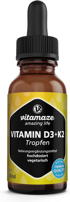 Vitamin D3 + K2 Tropfen hochdosiert, 50ml (1+ Jahre), 1000 IE Vitamin D3 + K2 flüssig, mehr als 99,7% All - Bild 1