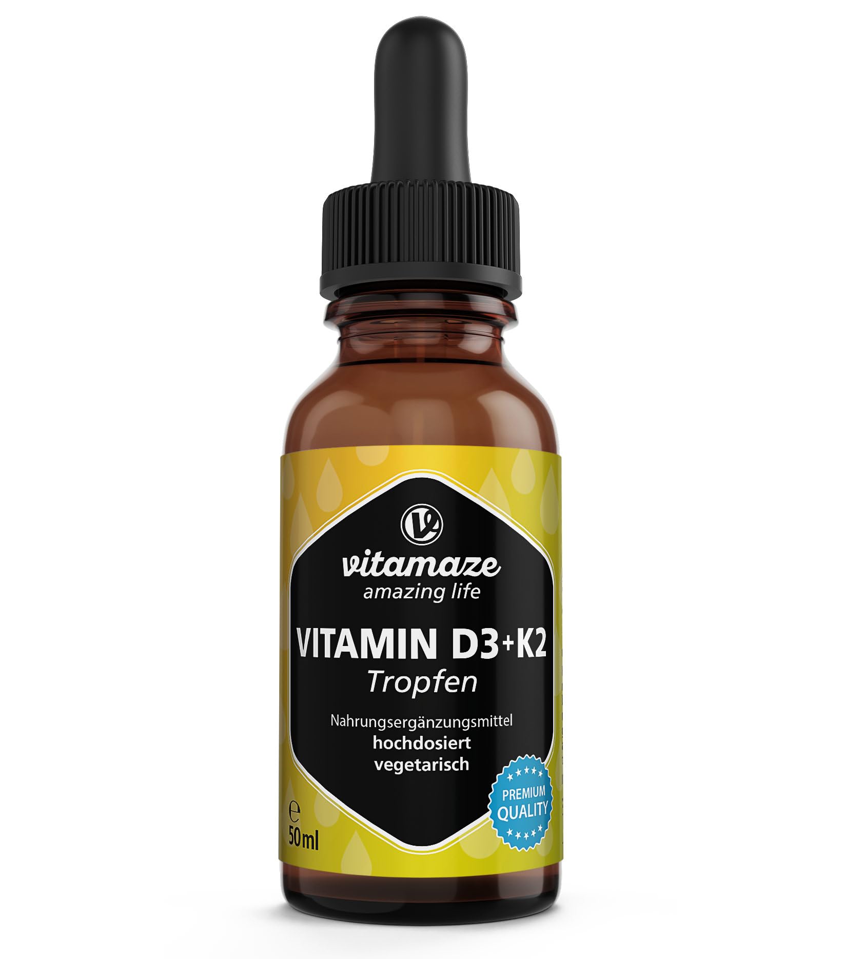 Vitamin D3 + K2 Tropfen hochdosiert, 50ml (1+ Jahre), 1000 IE Vitamin D3 + K2 flüssig, mehr als 99,7% All-Trans K2 MK-7, laborgeprüft und ohne unnötige Zusatzstoffe, Made in Germany - Bild 1