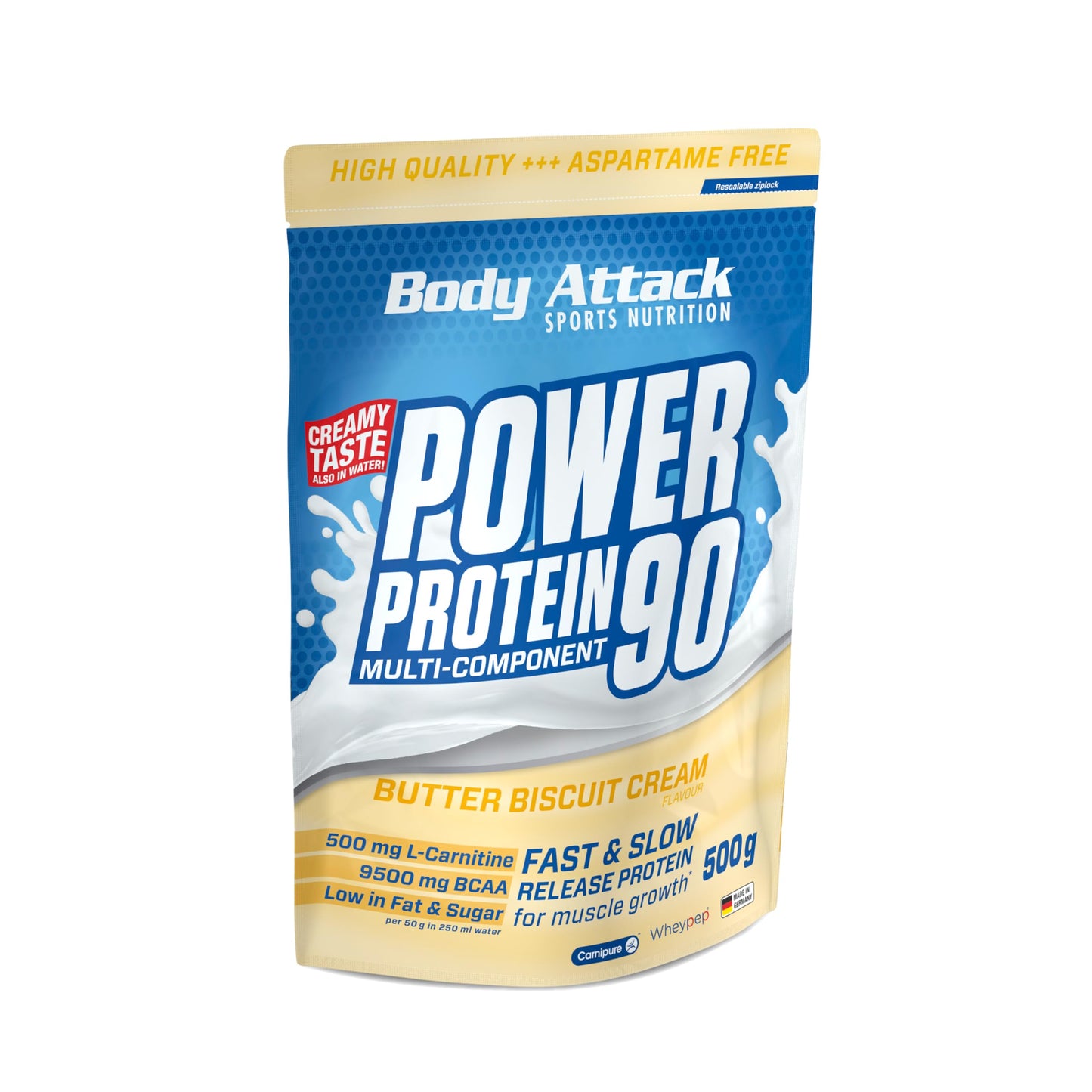 Body Attack Power Protein 90 - Butter Biscuit- 500g - Mehrkomponenten Protein Pulver, Made in Germany - Mit BCAA, Vitaminen & L-Carnitin - Protein Shake extra cremiger Geschmack - Bild 1