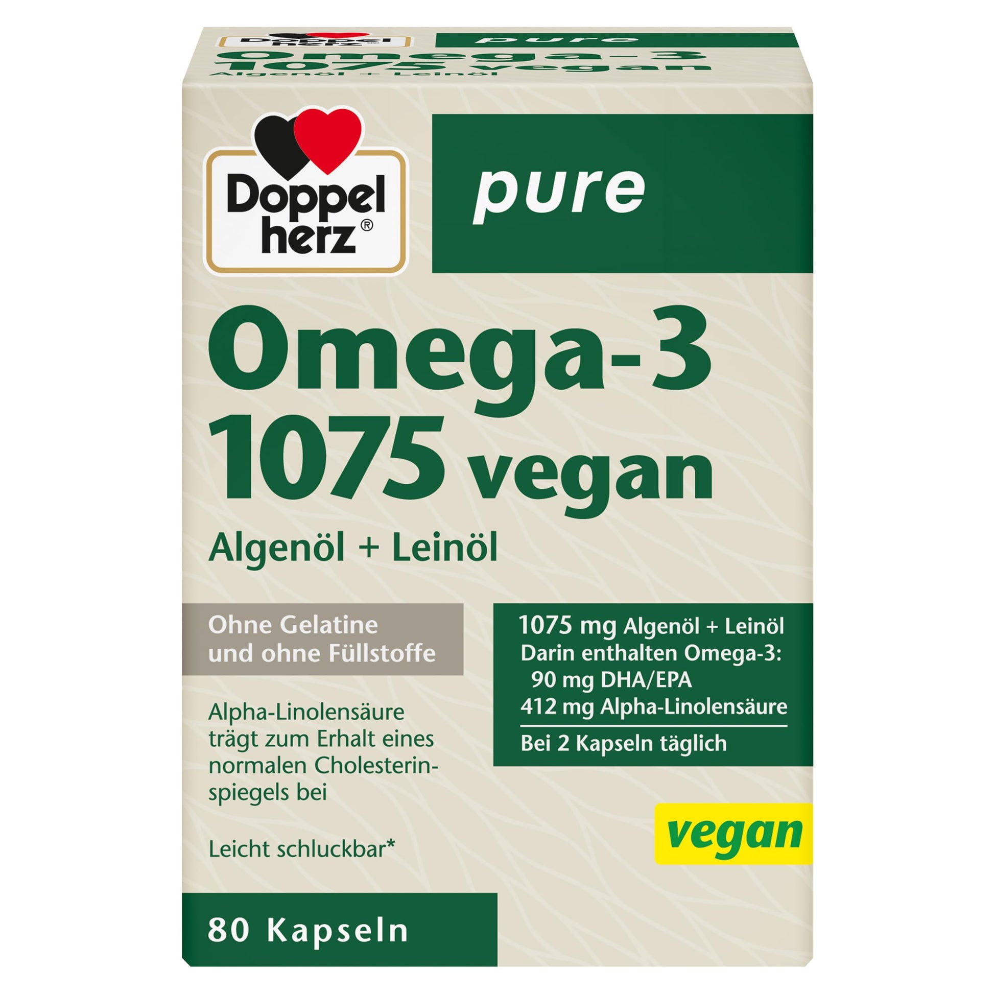 Doppelherz pure Omega-3 1075 vegan - Algenöl + Leinöl - Alpha-Linolensäure trägt zum Erhalt eines normalen Cholesterinspiegels bei - 80 Kapseln - Bild 1