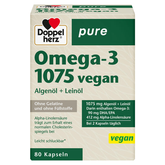 Doppelherz pure Omega-3 1075 vegan - Algenöl + Leinöl - Alpha-Linolensäure trägt zum Erhalt eines normalen Cholesterinspiegels bei - 80 Kapseln - Bild 1
