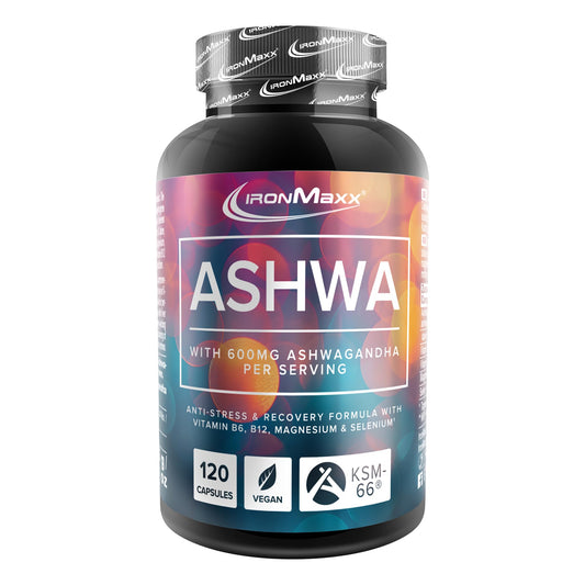 IronMaxx Ashwagandha - 120 Kapseln | 600mg KSM-66® pro Tagesdosis | Mit Vitamin B6 & B12 | mit Magnesium & Selenium | Vegan - Bild 1