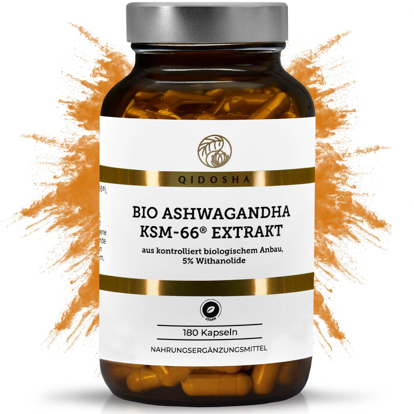 QIDOSHA® Bio Ashwagandha KSM-66® Extrakt, 180 Kapseln, 5% Withanolide, 600mg je Tagesportion - Bild 1