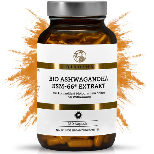 QIDOSHA® Bio Ashwagandha KSM-66® Extrakt, 180 Kapseln, 5% Withanolide, 600mg je Tagesportion - Bild 1