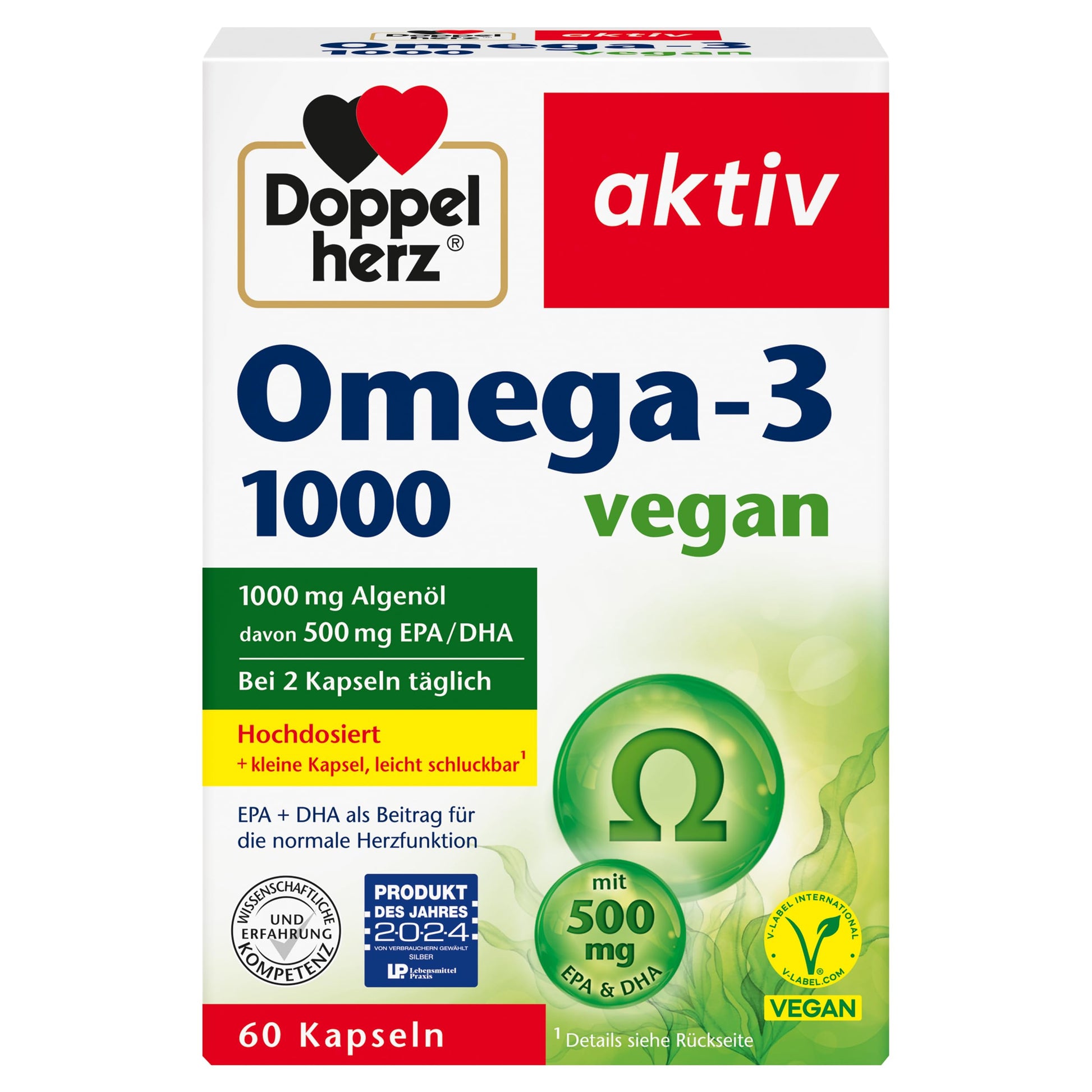 Doppelherz Omega-3 1000 vegan - Hochdosierte Omega-3-Fettsäuren EPA & DHA aus pflanzlichem Algenöl - 60 kleine & vegane Kapseln - Bild 1