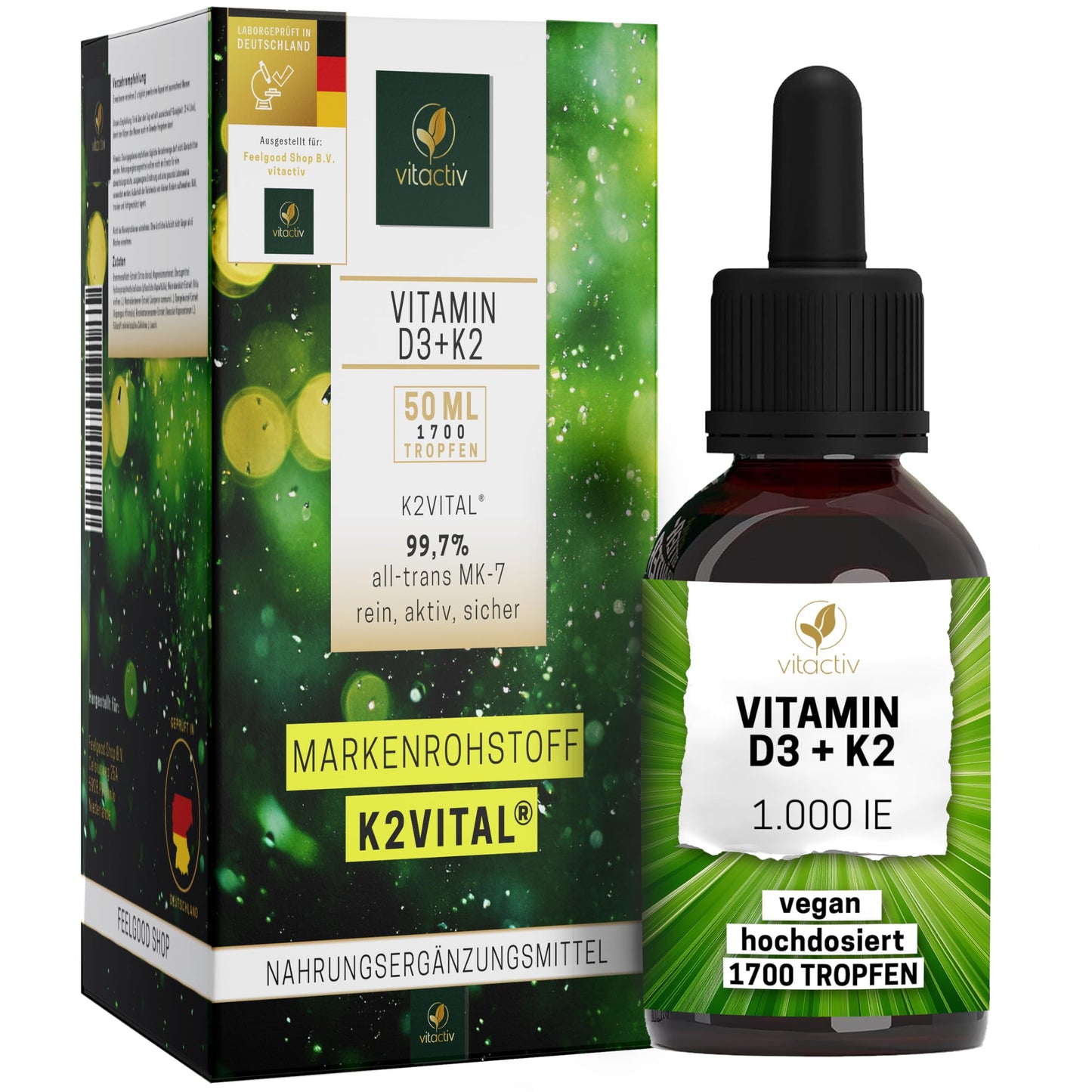 VITACTIV Vitamin D3 K2 Tropfen - K2VITAL® 99,7% all-trans MK-7 - D3 pro Tropfen 1000 IE, Hochdosiert, Hoch Bioverfügbar - Aus Deutschland, Laborgeprüft, Vegan - 50ml, 1700 Tropfen - Bild 1