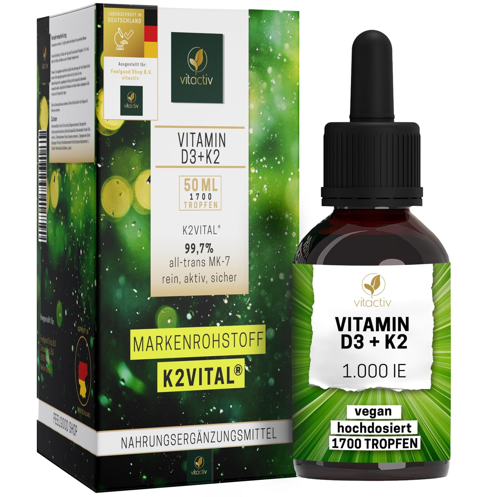 VITACTIV Vitamin D3 K2 Tropfen - K2VITAL® 99,7% all-trans MK-7 - D3 pro Tropfen 1000 IE, Hochdosiert, Hoch Bioverfügbar - Aus Deutschland, Laborgeprüft, Vegan - 50ml, 1700 Tropfen - Bild 1