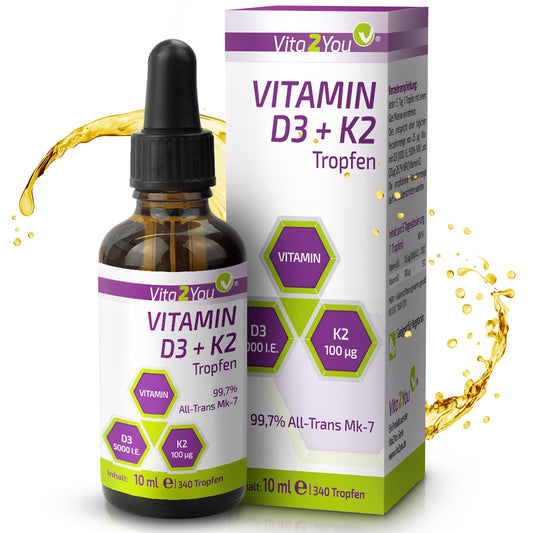 Vita2You Vitamin D3 + K2 Tropfen - Vitamin D3 5000 IE - Vitamin K2 100µg pro Tropfen - K2VITAL - MK-7-99,7% All-Trans - MCT-Öl - Premium Qualität - Made in Germany - Bild 1